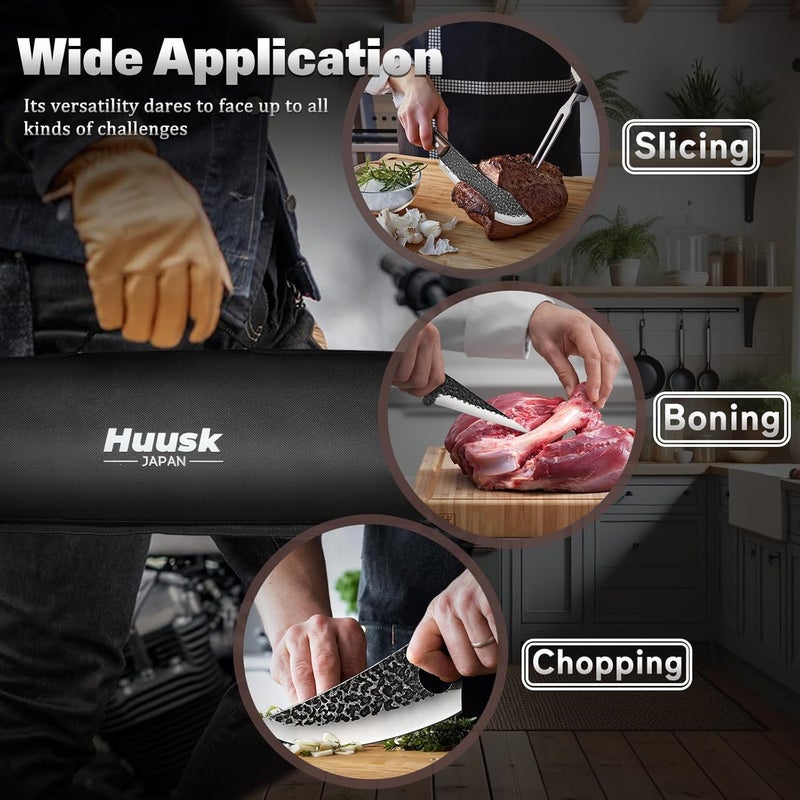 Huusk Butcher Knife Set for Meat Cutting 10pcs Viking Kitchen Serbian Chef Knife with Roll Bag Hand Forged Brisket Knives Meat Cleaver for Men Gift BBQ Outdoor Camping - Image 5